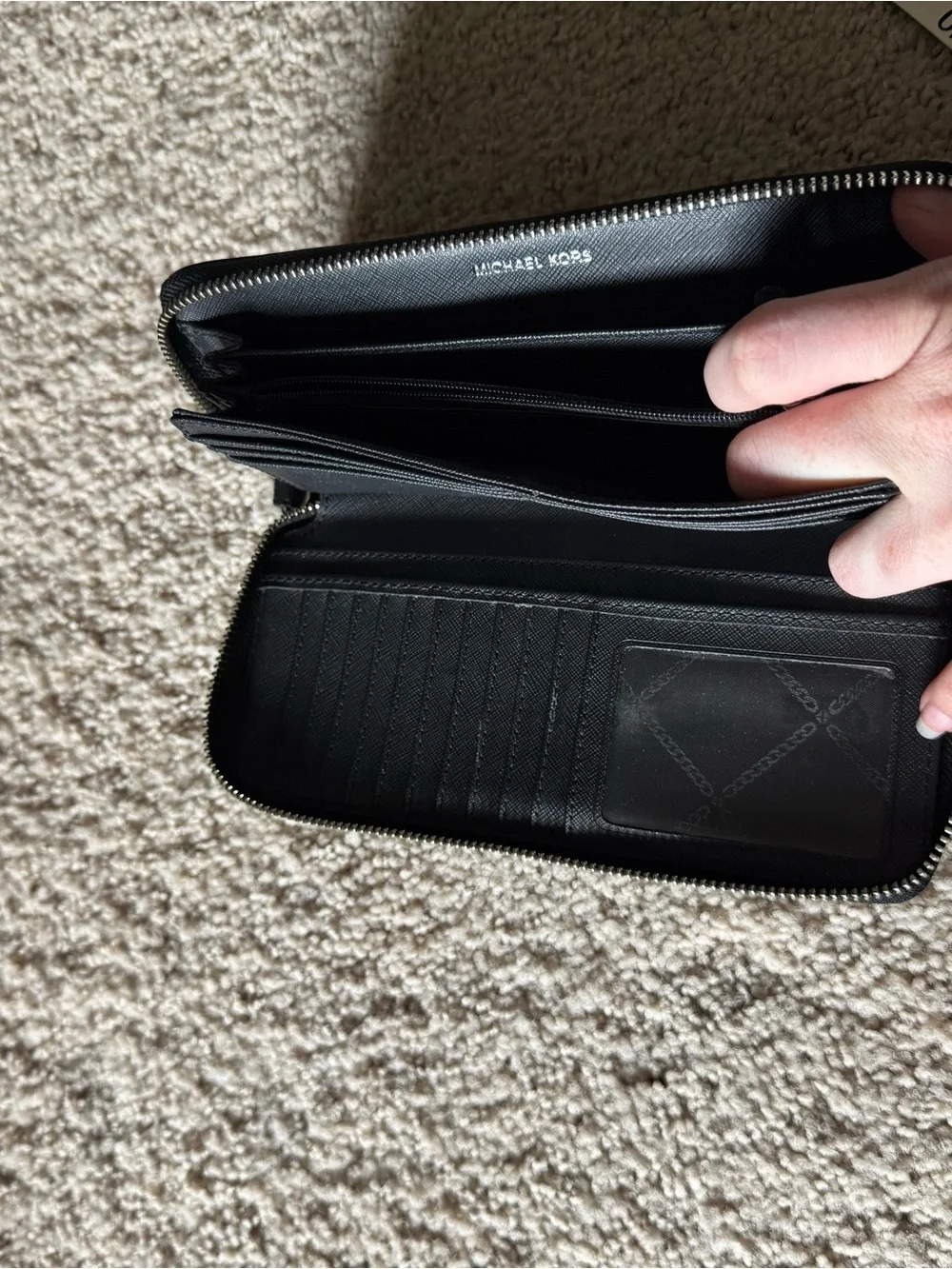 Michael Kors Black Textured Zip-Around Wallet with Silver Plaque